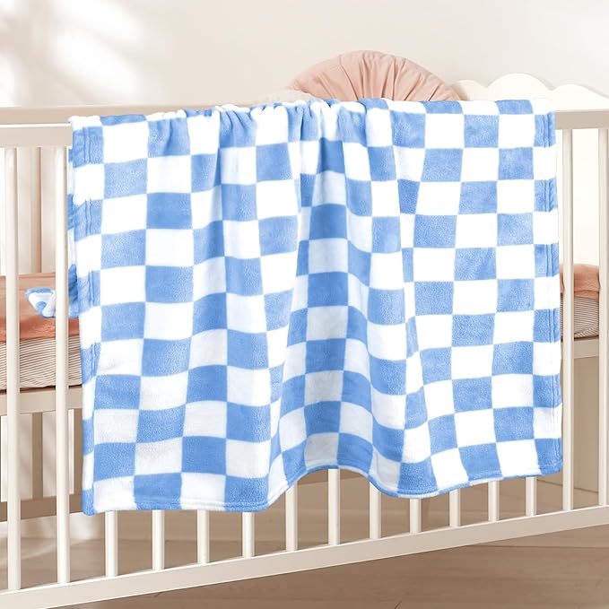 Plush Checkered Baby Blanket for Boys Girls Nursery, 30"*40" Warm Short Fleece Blanket Neutral for Infant Newborn, Small Fuzzy for Sleeping, Chenille Baby for Stroller (Blue&White)