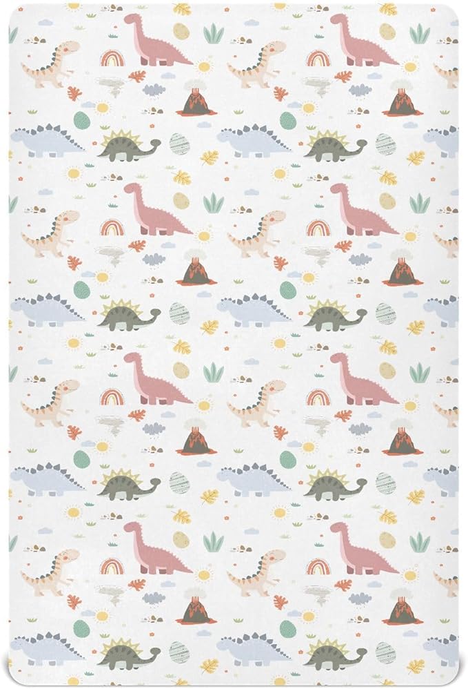 Baby Crib Sheets Dinosaur Plant Rainbow Crib Sheets for Boys Girls,Neutral Bassinet Toddler Bed Play Sheets Breathable Soft and Portable 52 * 28 * 9in