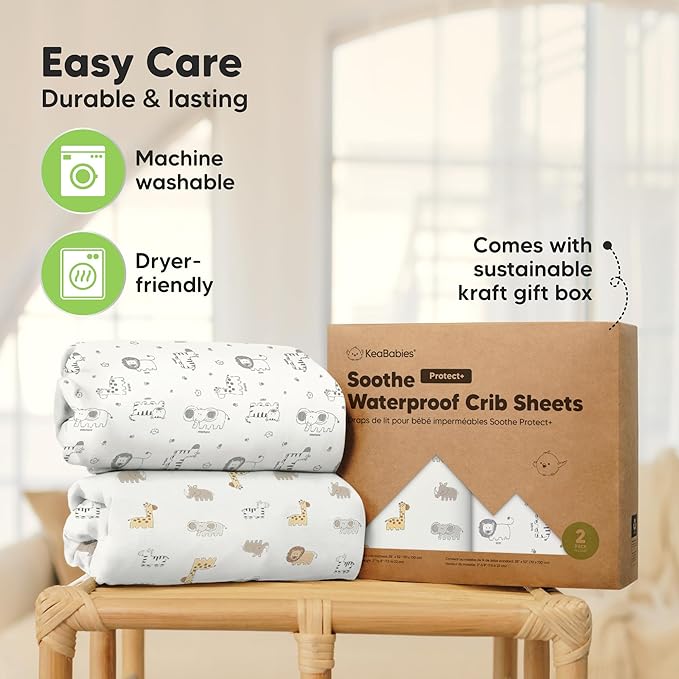 2-Pack Waterproof Crib Sheets for Boy, Girl - Organic Cotton 52X28 Fitted Crib Sheets Neutral,Crib Mattress Protector Sheets,Soft Toddler Bed Sheets,Washable Infant Fitted Baby Crib Sheets(KeaSafari)