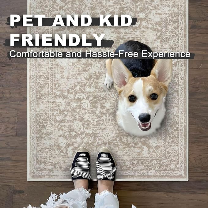 KILOCOCO Moroccan Small Area Rug 2x3 Entryway Rugs Printed Vintage Floral Washable Rug Non-Slip Kitchen Indoor Door Mat, Accent Throw Small Rugs for Laundry Room Bedroom Entrance, Beige