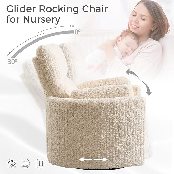 Power Swivel Glider Rocking Recliner Nursery Chair with 2 Pillows, Electric Rocker Reclining Chairs with Type-C & USB Charger Port for Living Room, High Back Barrel Armchair for Bedroom, Beige