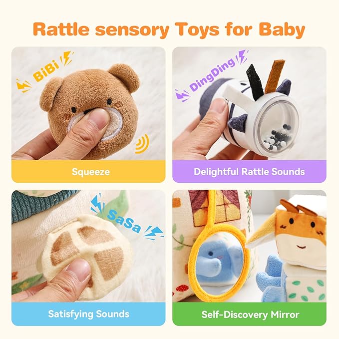Baby Toys 6-12 Months, Forest Animal Soft Plush Set - Rattle, Crinkle Paper & Mirror, Busy Montessori Toys for Babies, Sensory Gifts for Toddlers 1-3 Years Old