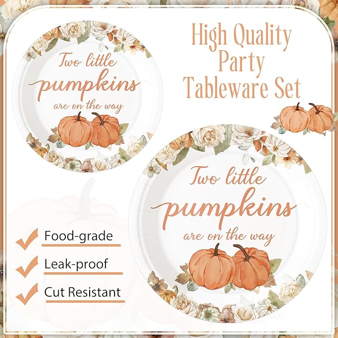 Zhehao 96 Pcs Twins Baby Shower Decoration Supplies Twins Cuties Baby Shower Tableware Set Eucalyptus Leaf Orange Strawberry Greenery Pumpkin Themed Plates Napkins Forks for 24 Guest (Pumpkin)