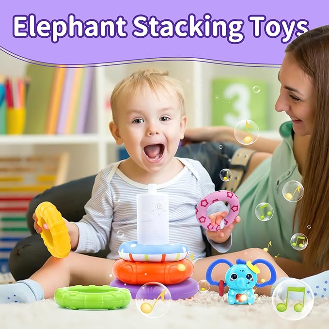 Baby Toys for 1+ Year Old, Busy Board Sensory Toys for Toddlers 1-3, Baby Toy for 12-18 Months, Pull String Teether, Stacking Blocks, 3 in 1 Travel Toy Gifts for 1 2 3 Year Old Boy Girl