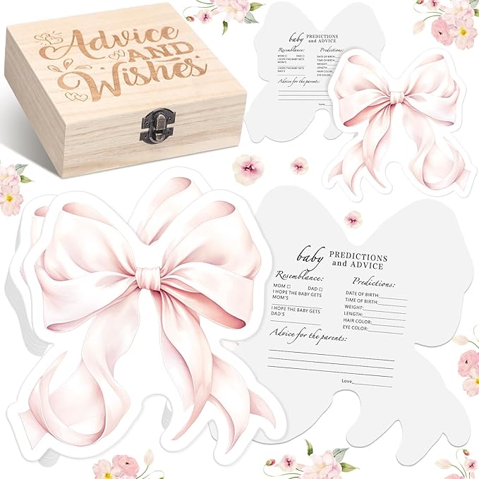 50 Pcs Double Side Pink Bow Baby Predictions & Advice Pink Bow Cards for New Parents Baby Shower Games with Cards Wooden Keepsake Box for Wishes Decorations