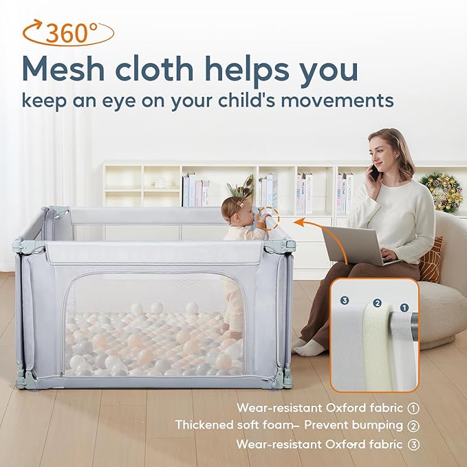 Baby Playpen 47x47 Inch Playpen,Adjustable Playard for Babies and Toddlers,Small Baby Play Pens,Indoor Outdoor Play Yard for Infants with Zipper Door&360°Mesh Cloth,Grey