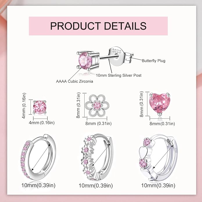 6 Pairs Huggie Hoop Earrings 925 Sterling Silver Stud Sets Cute Heart Hoops Tiny Cubic Zirconia Flower Stud Small Hypoallergenic Cartilage Sleeper Earrings
