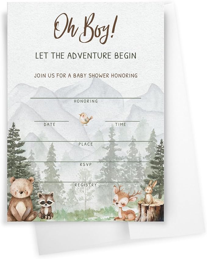 Printed Party Woodland Adventure Baby Shower Invitations – 30 Invites with Envelopes, Forest Animal Theme for Boy