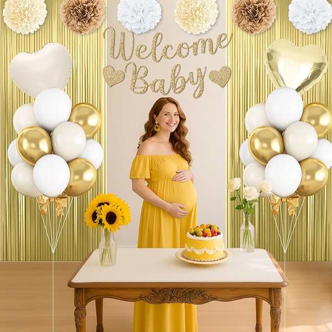 Gold White Baby Shower Decorations,Welcome Baby Banner with Sand White Gold Balloons Fringe Curtains Paper Pom Poms Flowers Tassels for Girl Boy Boho Baby Shower Gender Reveal Party Supplies