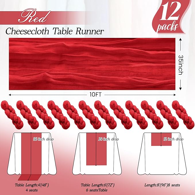 12Pack Red Table Runner 35 x 120 inch Cheesecloth Table Runner 10FT Boho Table Runners Rustic Gauze Cheese Cloth Table Runners for Party Wedding Birthday Dining Bridal Shower Baby Shower Decor