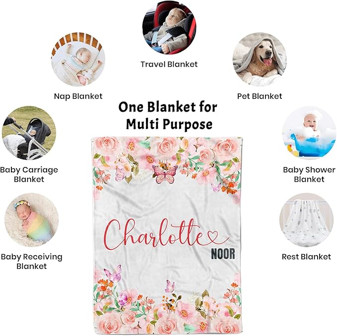 Personalized Baby Blankets for Girls, Customized Name Blanket for Kids, Custom Toddler Blanket Gifts for Birthday, Christmas, Newborn Soft Flannel Floral Blankets Boy Girl Birthday Gifts