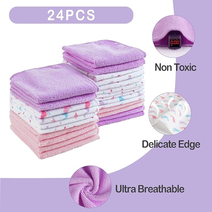 Viviland Baby Washcloths, Soft 24 Pack Baby Wash Cloths Unisex for Boys Girls, Super Absorbent Baby Face Towel Gentle on Sensitive Skin, Wash Clothes for Baby Face & Body, 9''x 9''