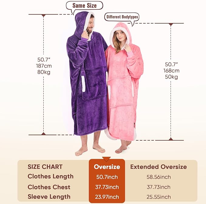 yescool Wearable Blanket Hoodie - birthday gifts for Adults/Women/mom, Flannel Cozy Sherpa Fleece Blanket Sweatshirt with Hood, Pocket & Sleeves, Large, One Size Fits All (Deep Purple)