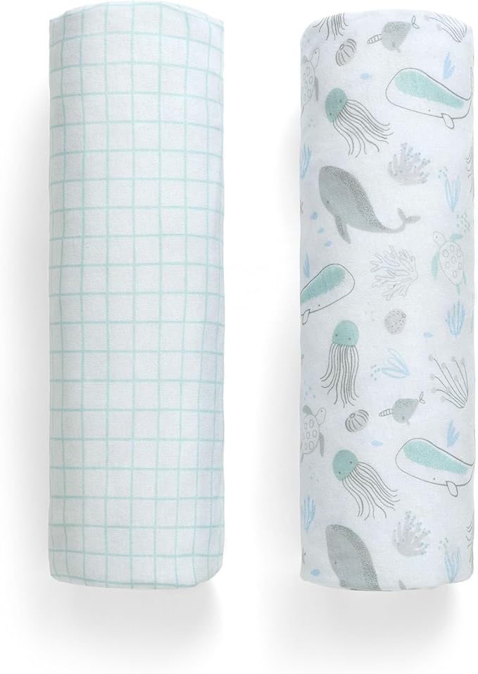 Delta Children 100% Organic Cotton Fitted Crib Sheets, Sea Life + 100% Organic Jersey Cotton Baby Receiving Blankets – 30x40 Inches, GOTS Certified (Pack of 2) (Bundle)