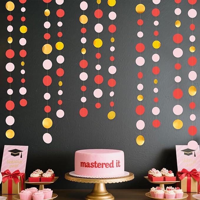 Gold Red Pink Party Decorations Circle Dots Garland Metallic Gold Light Pink with Watermelon Red Hanging Polka Dot Streamer for Women Girl Birthday Bridal Shower Wedding Engagement Hen Party Supplies