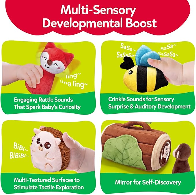 Baby Toys 6-12 Months - Soft Stumps with Jungle Animals Friends,Rattle,Crinkle Paper,Squeaker,Mirror - Sensory Montessori Toys for 6 Month Old Babies,1-3 Year Old Boy Girl Gifts