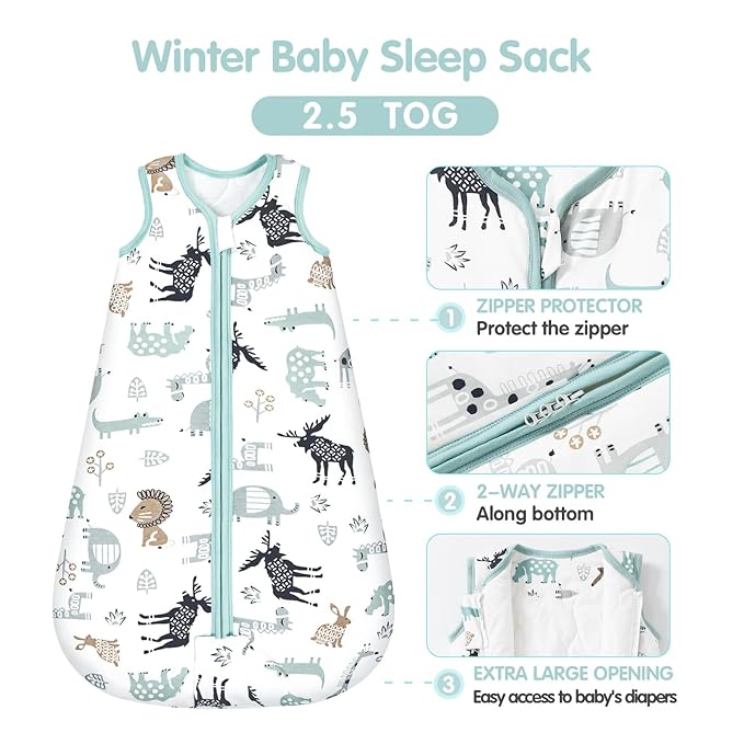 Mosebears Sleep Sack Baby Winter Wearable Blanket with 2-Way Zipper,2.5 TOG Cotton Sleep Sack Unisex (Deer, 0-6 Months)