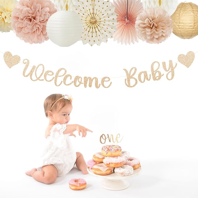 Champagne-Gold Fall Boho Baby Shower Party-Decorations - 21pcs Girls Welcome Baby Banner,Beige One Sweet Peach Paper Lanterns Pom Poms, Neutral Streamers Garland Decor Favors Huglony