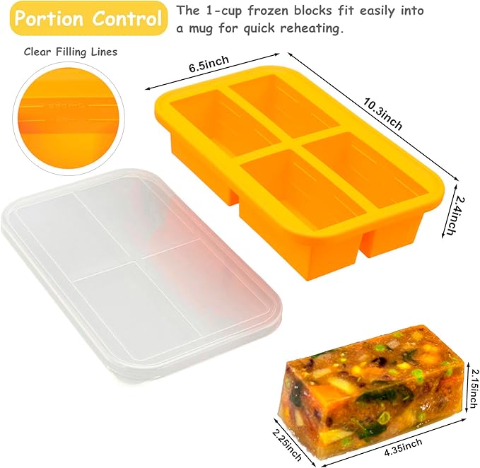 Bangp Silicone Freezer Tray for Soup Ice Cubes,1-Cup Freezing Tray with Lid for Meal Prep,Rice,Broth,Sauce,Leftovers. Makes 4 Perfect 1 Cup Portions. Oven & Dishwasher-Safe