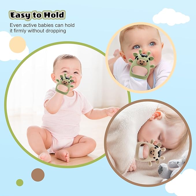 TOHIBEE 2 Packs Baby Teething Toys for 0-6 6-12 Months, Food Grade Silicone Adjustable Cow Teething Mitten, Chew Teether Toys for Teething Pain Relief, Baby and New Born Essentials, Green & Beige