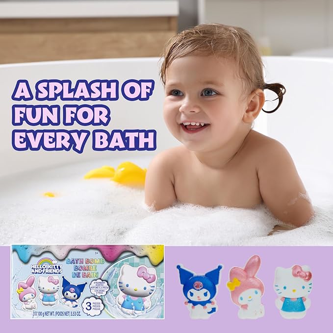 Hello Kitty and Friends Bath Bombs for Kids, Fun Bright Rainbow Colors, Berry Scented for Kids, Ages 3+, by Townley Girl