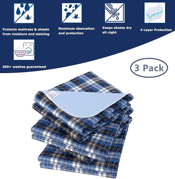 Non-Slip Bed Pads for Incontinence Washable (18" x 24"|3 Pack),Waterproof Bed Pads, Kids Washable Incontinence Bed Pads for Kids Adults,Dog,Kids