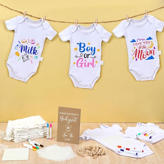 Panitay 126 Pcs Baby Shower DIY Bodysuit Set Rustic Kraft Baby Shower Game Sign DIY Bib 25 Blank White Newborn Bodysuit 25 Stencils 24 Marker 1 Sign 50 Pins for Gender Reveal(Kraft)