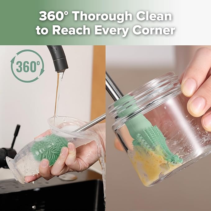haakaa Cleaning Brush Silicone Bottle Brush Double-Ended Soft Silicone Bristles for Breast Pumps, Breast Milk Collectors, Baby Bottles, Teats, Breastmilk Storage Bags, Detachable - Pea Green-1pk