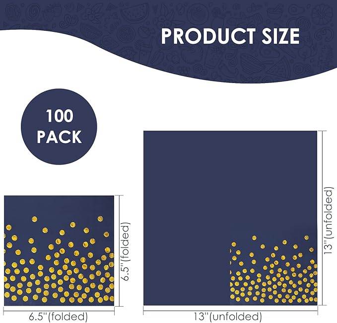 13 x 13 Inches Blue Party Napkins,Blue and Gold Beverage Napkin,100PCS Gold Dot Cocktail Paper Napkins for Birthday Wedding Graduation 2025