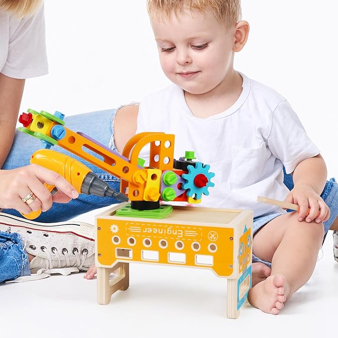 Wooden Kids Tool Set with Electric Screwdrivers, 91PCS Educational STEM Construction Toys, Wooden Tool Bench Montessori Toy Tool Box for 3 4 5 YO Boys & Girls Birthday Gift (91Pcs)