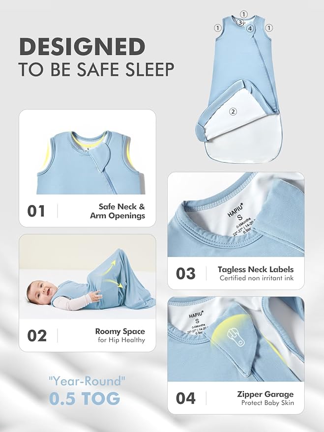 HAPIU Unisex Rayon Made from Bamboo Baby Sleep Sack TOG 0.5, 2-Way Zipper YKK, Wearable Blanket Toddler