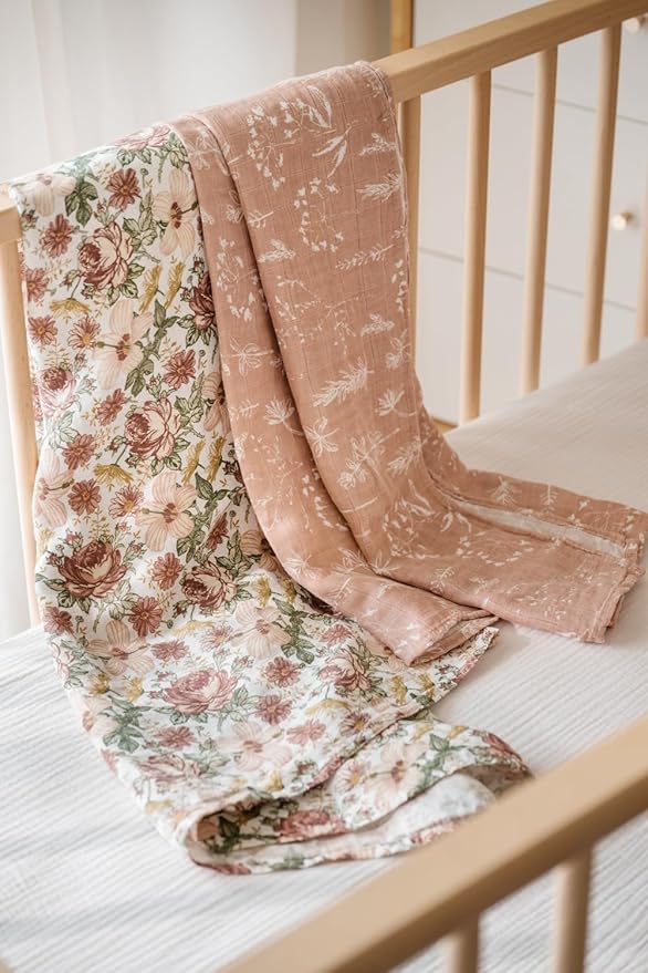 Little Jump 2 Pack Western Wild Flowers Muslin Swaddle Blankets for Baby Girls, Receiving Blanket Large 47 x 47 inches, Soft Breathable Muslin Baby Blanket for Newborn(Vintage Floral)