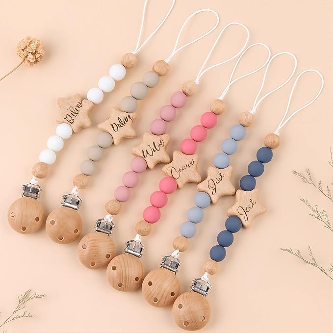 Personalized Pacifier Clip with Name, Engraved Wood Star Pacifier Clip Gift for Boys Girls(Star)
