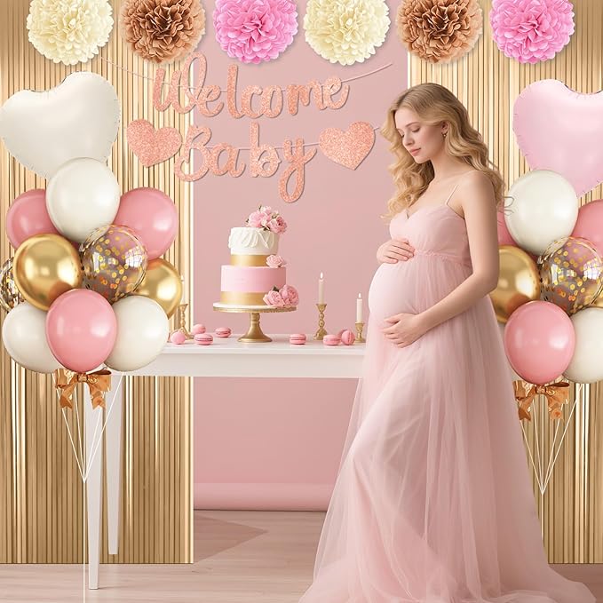 Dusty Pink Baby Shower Decorations for Girl,Welcome Baby Banner with Sand White Retro Pink Balloons Fringe Curtains Paper Pom Poms for Boho Baby Shower Gender Reveal Party Supplies