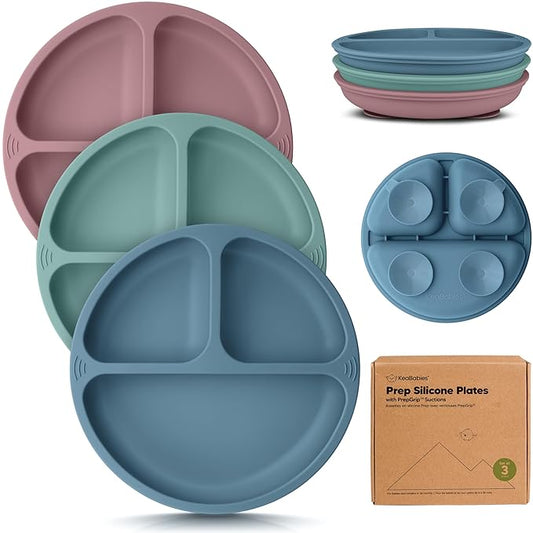 KeaBabies Suction Plates for Baby, Toddler - 3-Pack 100% Silicone Toddler Plates with Suction, Divided, BPA-Free Baby Led Weaning Essentials for Kids, Dishwasher, Microwave Safe, Durable (Quantum)