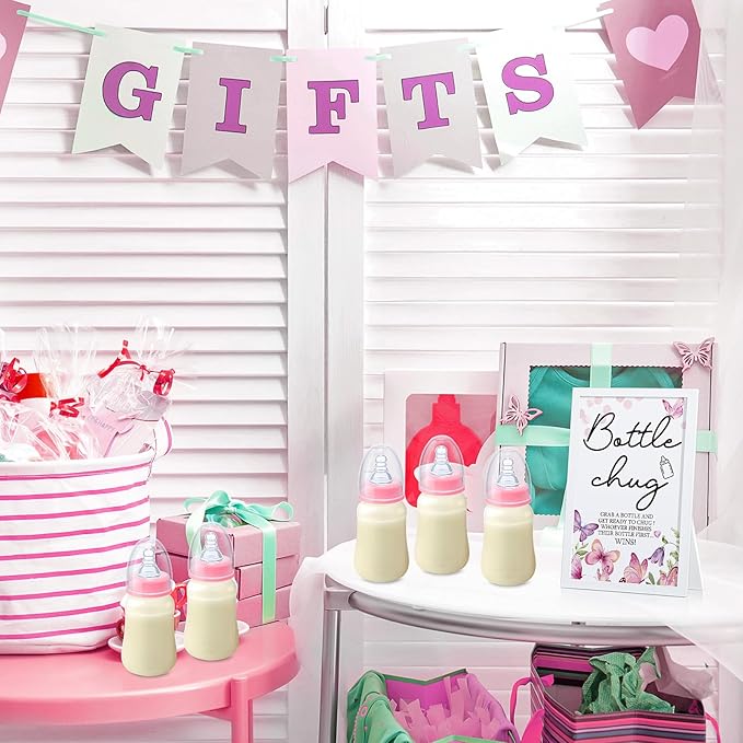 Roowest Bottle Chug Baby Shower Game Favors Including Pink Butterfly Theme Wooden Sign and 18 Pcs Baby Bottles for Gender Reveal Party Supplies