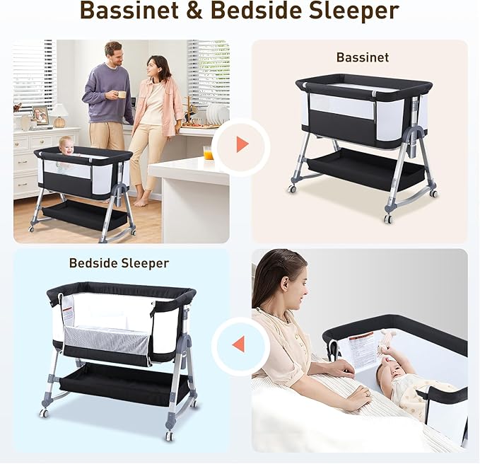 4 in 1 Bedside Bassinet for Baby, Portable Baby Bassinet with Wheels, Baby Crib with Changing Station, Mattress Included and Storage, Foldable Travel Bassinet for Baby/Infant/Newborn - Mesh