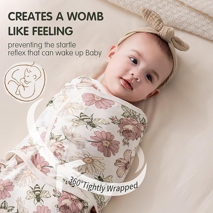 insular Baby Swaddle Wrap, Swaddle Blanket for Newborn and Infant, Adjustable Velcro Swaddling Set for Boy and Girl, Soft Cotton Baby Sleep Sack 3 Pack, Floral, Small(0-3 Month)