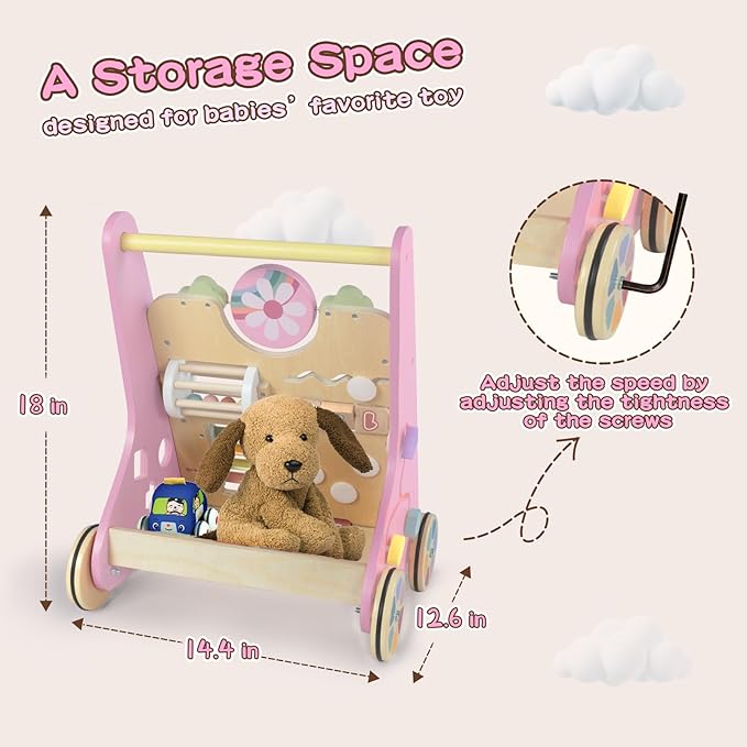 LOL-FUN Wooden Baby Walker With Wheels for Girls 12 Months - Pink Push Toy for 1 Year Old Walking