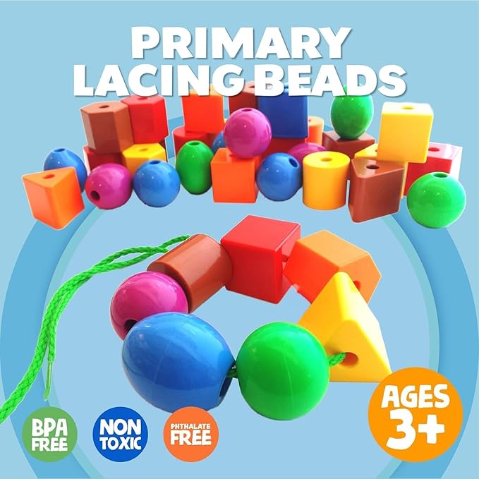 Skoolzy Rainbow Stringing Beads for Toddlers 46 Pcs Set - 5 pk - Stringing Beads - String Beads with Strings, Pipe Cleaners and Bag - Montessori Toys Occupational Therapy for Preschool