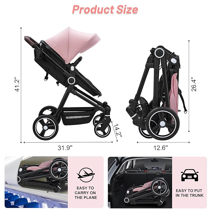 2 in 1 Baby Stroller for Toddler 0-3, Bassinet Stroller for NewbornToddler with Large Storage Basket, Removable Seat, Cup Holder, Shock Absorbing
