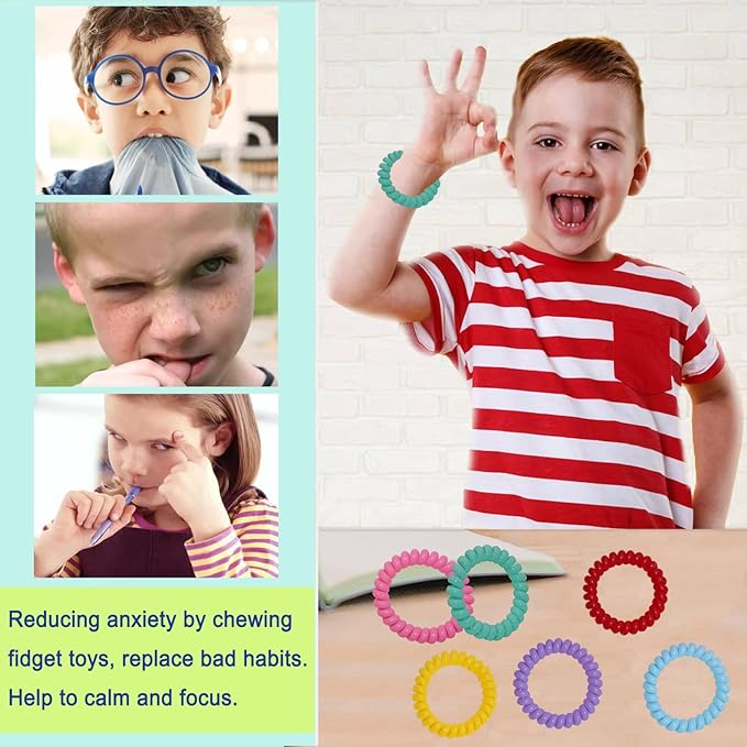 Sensory Chew Bracelets for Boys and Girls, 8 Pack Stretchy Coil Bracelet Fidget Toys for Kids with Autism ADHD SPD or Special Needs, Oral Motor Aids Jewelry Reduce Teething Biting and Anxiety