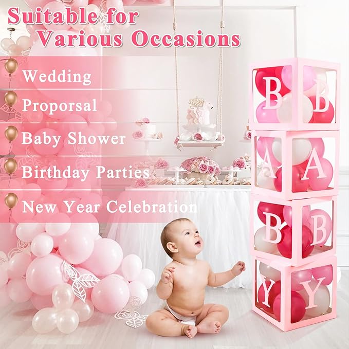 Ledido Baby Boxes with Letters for Baby Shower, Pink Clear Balloon Boxes with 43 Letters for Gender Reveal Wedding Birthday Party Decorations 4PCS