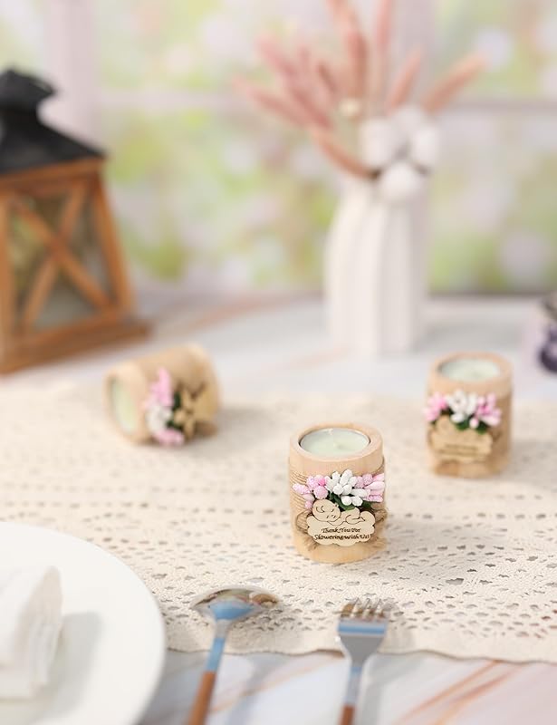 Ju's Favors Wooden Candle Holders (Set of 10), Baby Shower Favors, Candle Favors for Guests, Baby Christening Party Favors for Guests.(Light brown-pink)