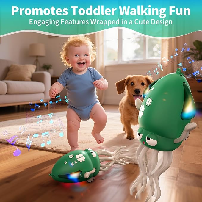Interactive Dancing Octopus Toy, LED Light-Up Music Crawling Squid with Smart Obstacle Avoidance & Fishing Rod,Tummy Time Baby Toy, Musical Toy for 3 4 5 6 Year Old Boys and Girls(Sky Blue)
