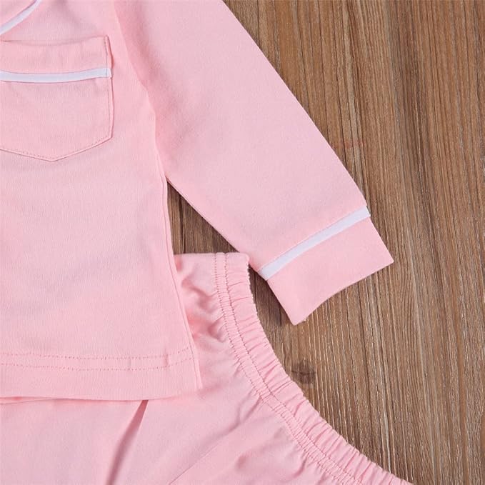 Toddler Kids Baby Girl Solid Pjs Ruffle Long Sleeve Button Shirt Top and Pants Cotton 2Piece Pajamas Set