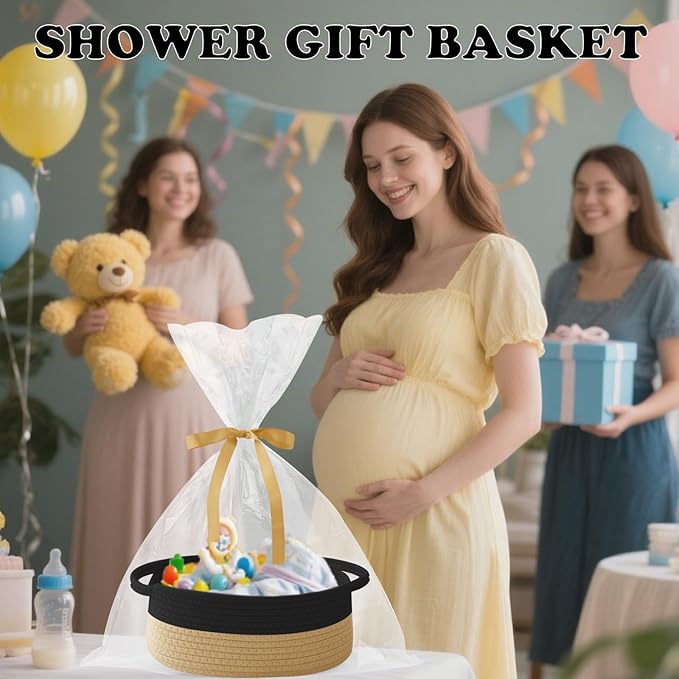 Gift Basket with Gift Bag and Ribbons,Small Rope Woven Shelf Storage,Baskets for Gifts Empty,Birthday,Shower,Decorative Organizer Box for Cat Dog Pet with Handles(Black&Jute)