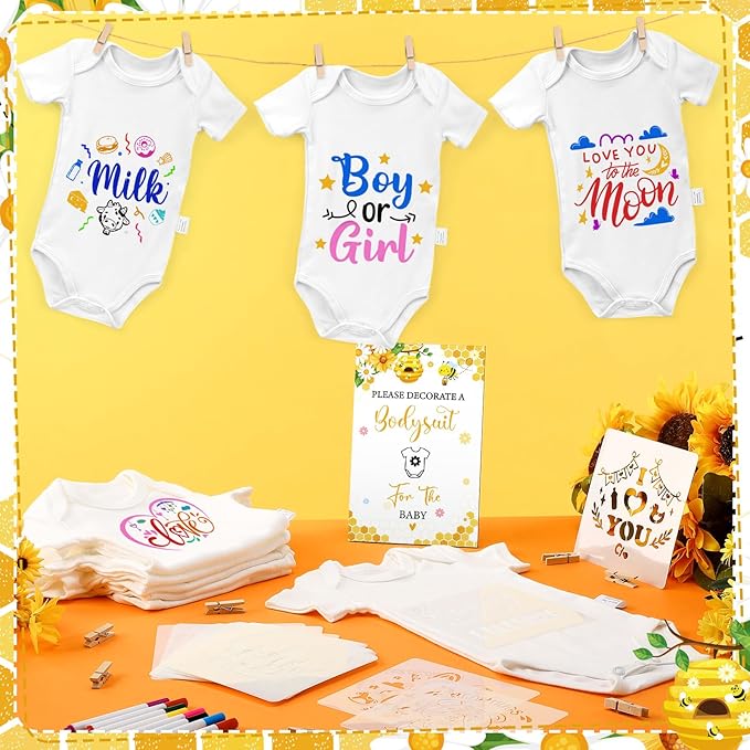 Panitay 126 Pcs Baby Shower DIY Bodysuit Set Rustic Kraft Baby Shower Game Sign DIY Bib 25 Blank White Newborn Bodysuit 25 Stencils 24 Marker 1 Sign 50 Pins for Gender Reveal(Bee)