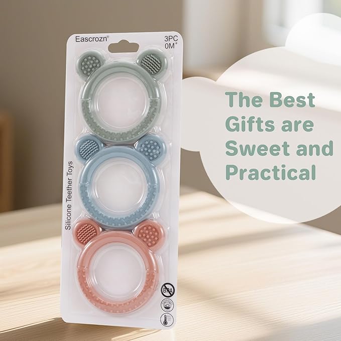 Baby Teething Toys Set of 3, Teethers for Babies 3-6 6-12 Months, BPA Free Soft and Textured Bear Teething Rings Silicone Teething Relief Soothing Sore Gums Baby Chew Toys