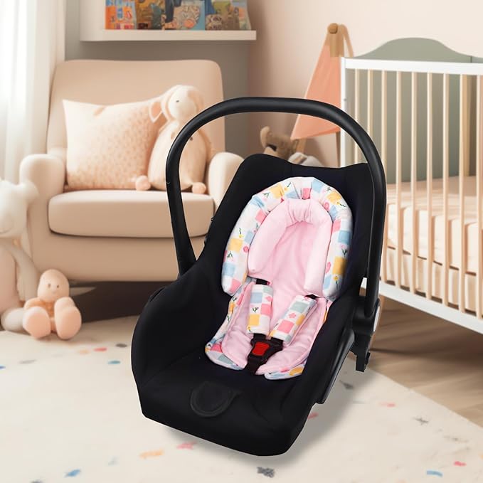 SWESEN Baby Car Seat Head Support, Super Soft 2 in 1 Infant Car Seat Insert for Girls, Reversible Newborn Car Seat Insert Cushion with Strap Covers for Strollers, Bouncers, Swing, Plaid and Floral
